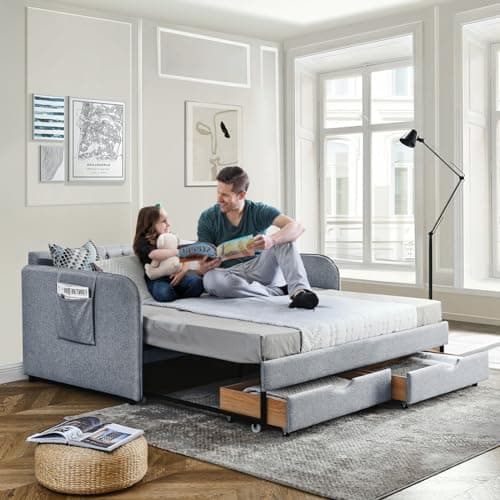 Twin Size Day Bed with Trundle and Storage Drawers in Grey