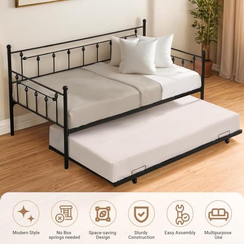 Black Twin Metal Daybed with Trundle - Heavy-Duty Sofa Bed for Bedroom or Guest Room, Easy Assembly