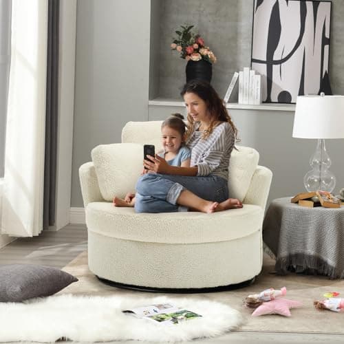 Oversized Ivory Swivel Arm Chair with 3 Pillows for Living Room, Bedroom, and Reading