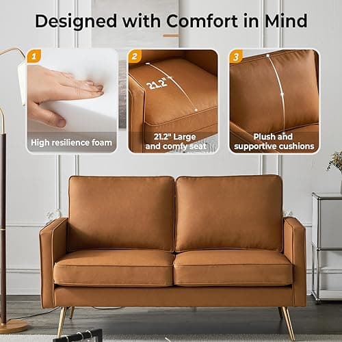 VINGLI Cognac 56" PU Leather 2-Seater Loveseat Sofa
