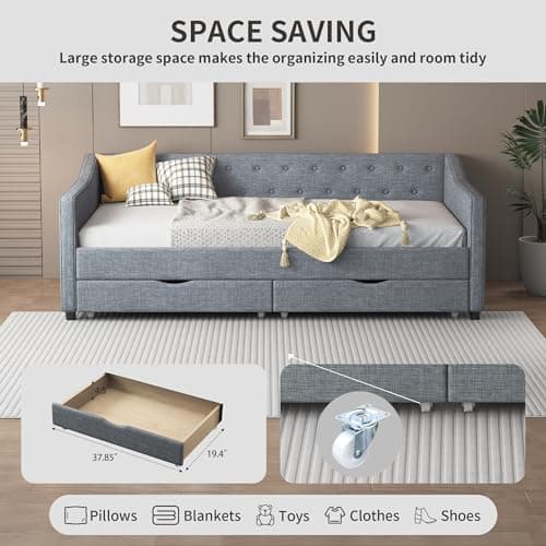 Twin Size Daybed with Storage - Upholstered Frame with Drawers & Button Tufted Backrest