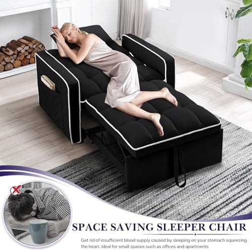 3-in-1 Velvet Convertible Sofa Bed, Black, Living Room Sleeper Chair