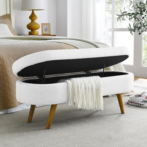 Beige Linen Oval Storage Bench 43.5" for Living Room/Ottoman Entryway