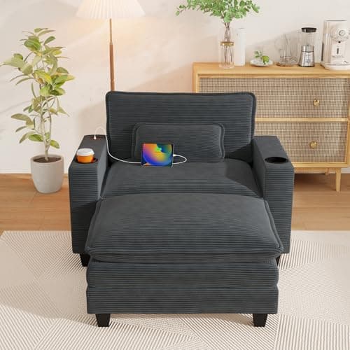 Oversized Grey Corduroy Chaise Lounge Chair with Ottoman & USB Port