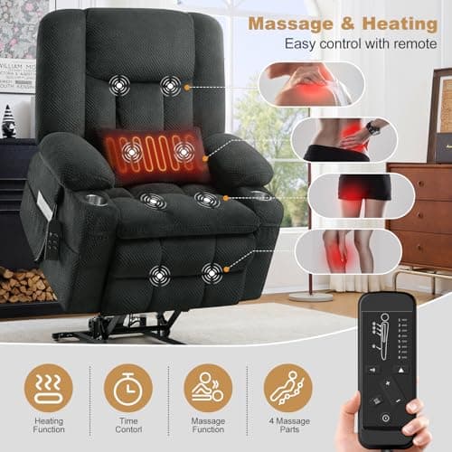 Electric Large Lift Recliner Sofa with Massage & Heat (Grey)