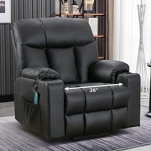 Bonzy Home 26" Extra Wide Power Recliner with Heat & Massage, Faux Leather Cup Holders
