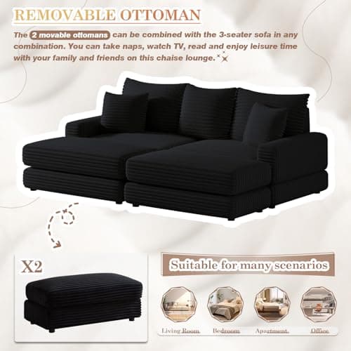 Oversized Chaise Lounge Chair Indoor with Ottoman, Corduroy Upholstered Comfy Sofa for Living Room, Bedroom, Office (Black)