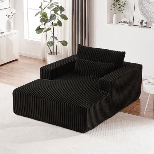 Oversized Black Chaise Lounge Chair - Plush Corduroy Sofa with Wide Armrests & Pillows for Living Room