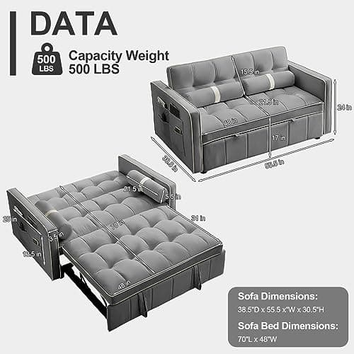 3-in-1 Sleeper Sofa Bed with Velvet Tufted Pull Out Couch, Adjustable Backrest (Grey)