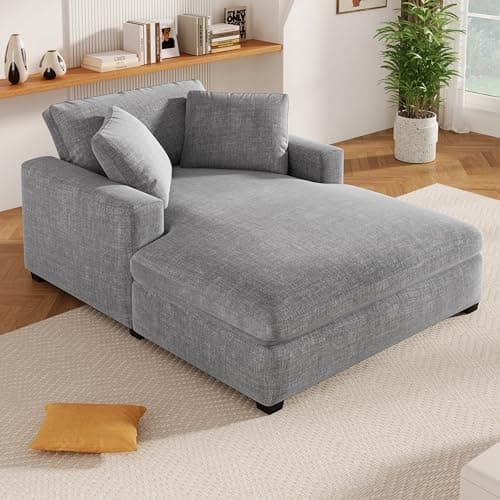 Blue-gray 55" Oversized Chaise Lounger with Chenille Fabric, Pillows, Charge Station & Cup Holders