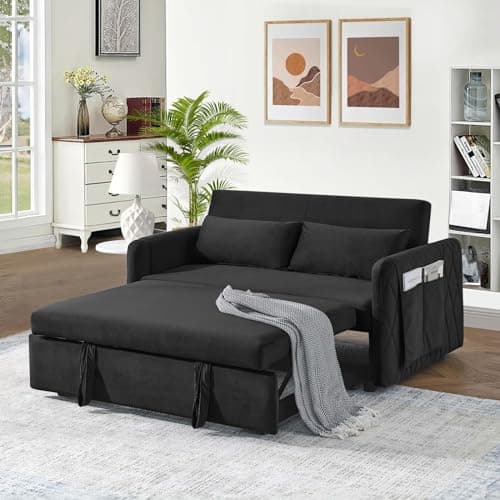 Convertible Sleeper Sofa Couch with Pull Out Bed, 55 Modern Velvet Sofa Bed with Adjustable Backrest & Side Pocket in Green
