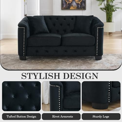 Velvet Chesterfield Sofa Set - Black