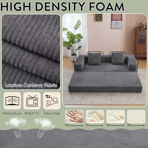 4-in-1 Convertible Folding Sleeper Sofa Bed, Dark Grey Corduroy Mattress Couch