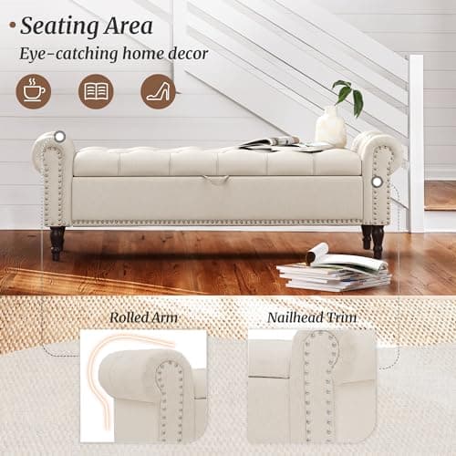 Linen Button Tufted King Ottoman for Bed End, Window Seat with Nailhead Trim