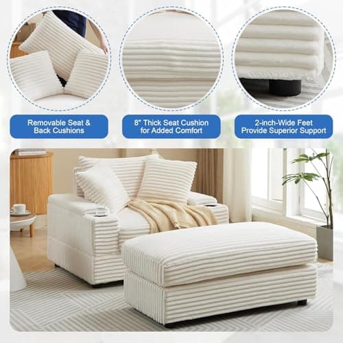 44" Beige Corduroy Storage Chaise Longue with Cup Holder