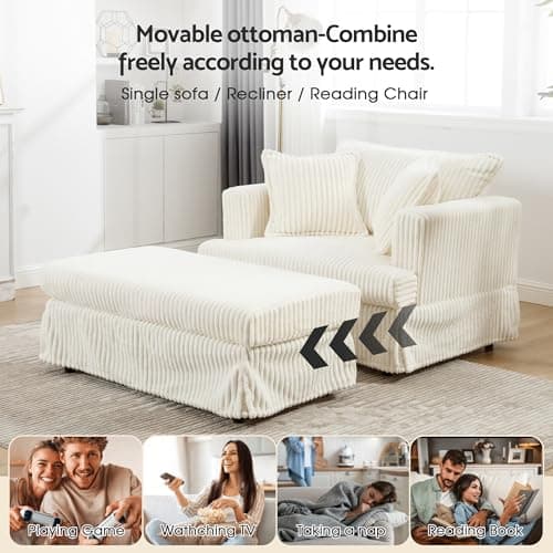 Beige Luxe Chaise Lounge With Ottoman & 2 Pillows 48" Modern Soft Reading Chair