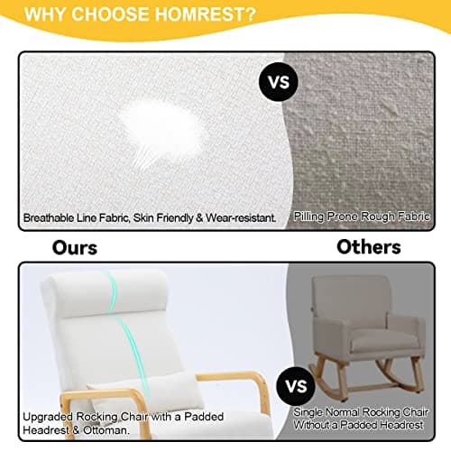 HOMREST Mid-Century Modern Rocking Chair with Ottoman & Side Pocket, White