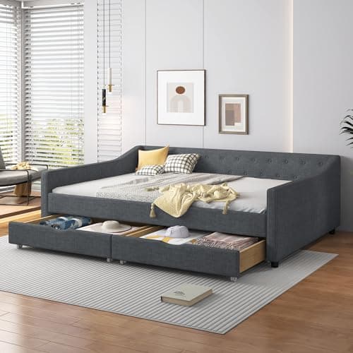 Full Size Upholstered Day Bed with Drawers & Tufted Back, Dark Grey