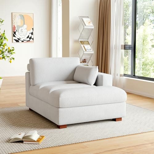 Oversized Beige Corduroy Chaise Lounge for Bedroom & Living Room (Left Arm)
