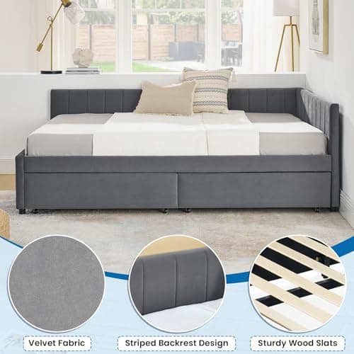 JEEOHEY Full Size Velvet Striped Daybed with Storage, Grey