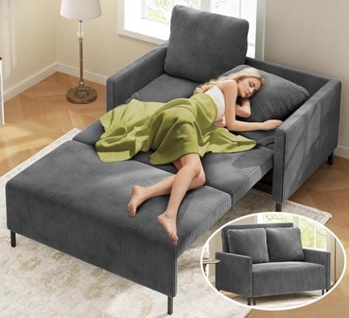 Corduroy Convertible Sofa Bed, 47" Loveseat with Fluffy Pillows, Grey