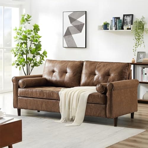 Small Mid-Century Modern Faux Leather Loveseat Sofa for Small Spaces, Living Room, Bedroom
