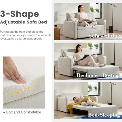 3-in-1 Pull-Out Couch, 56" Convertible Sleeper Sofa, Beige, Living Room/Bedroom Furniture