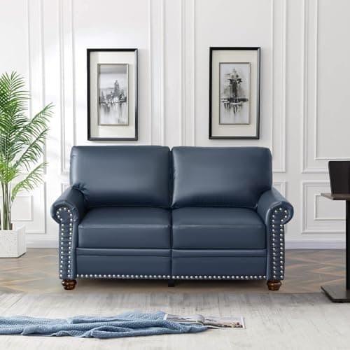Mid Century Modern Faux Leather Loveseat with Storage, Comfy 2 Seater Couch for Living Room, Office (Navy Blue)