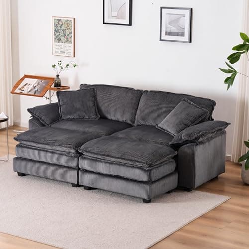 Oversized Cream White Corduroy Chaise Lounge Chair & Ottomans