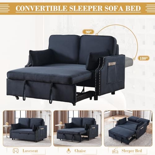 Convertible Sleeper Sofa Bed with Velvet Upholstery & Side Pocket.