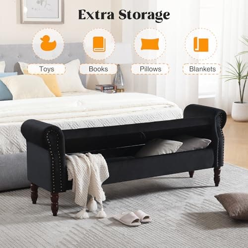 Black Velvet Tufted Storage Bench with Arms for Bed and Living Room