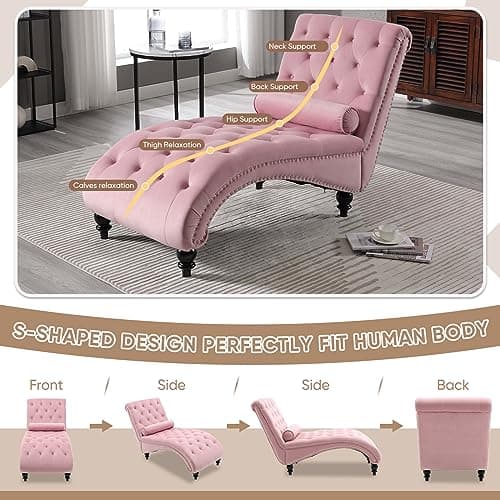 Pink Velvet Chaise Lounge Chair with Lumbar Pillow for Living Room or Bedroom