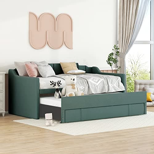 Harper & Bright Designs Green Storage Daybed with 3 Drawers and Trundle