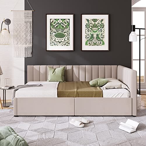 Merax Full Size Upholstered Daybed with Storage Drawers, Yellow Linen Fabric