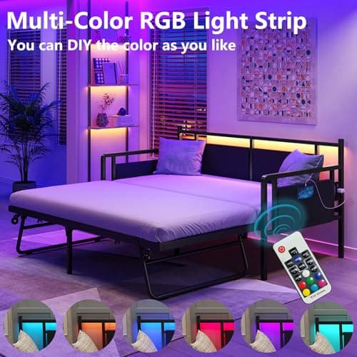 Furniouse Black Twin Daybed with Charging & LED Lights, Trundle Bed Frame