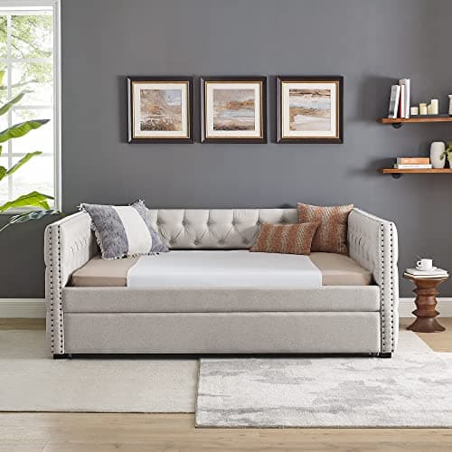 JEEOHEY Beige Button Tufted Full Size Upholstered Daybed with Trundle