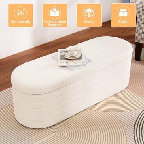 Oval White Sherpa Upholstered Storage Bench for Living Room Bed Entryway