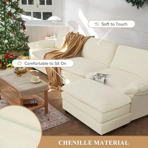 Beige L-Shaped 4-Seat Cloud Couch Sectional Sofa with Ottoman