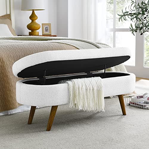 White Linen Storage Ottoman Bench, 43 Oval Entry Bench for Living Room and Bedroom