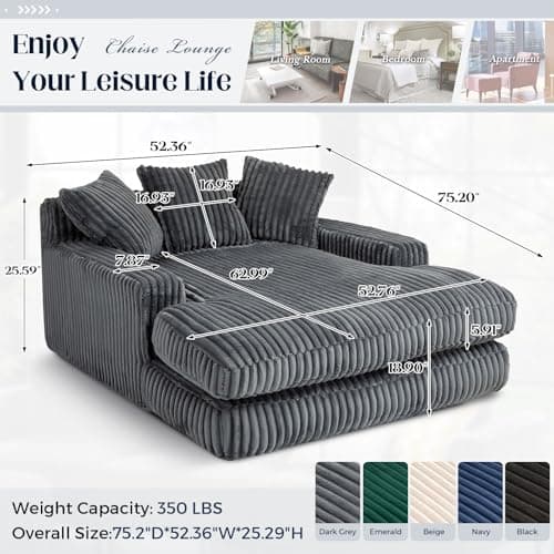Oversized Grey Chaise Lounge Chair with Armrests & Throw Pillows - Modern Indoor Sofa for Living Room & Bedroom
