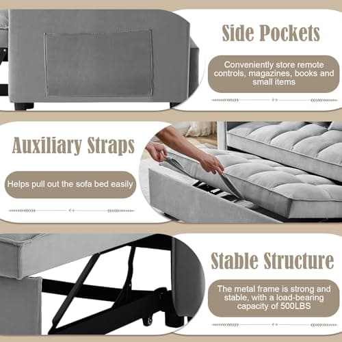 Convertible Sleeper Sofa Bed, Velvet Upholstered Futon Couch with Adjustable Backrest (Grey)