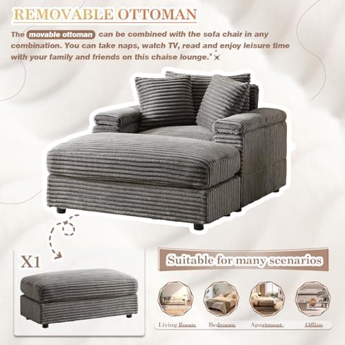 Oversized Corduroy Chaise Lounge Chair with Ottoman – Modern 1-Seater for Living Room, Bedroom, or Office (Grey)