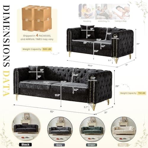 Mid Century Modern Chenille Button Tufted Loveseat + Couch Set (Black)