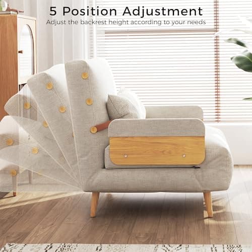 3-in-1 Convertible Chair Bed Sleeper for Adults, Linen Convertable Chair with Wooden Arms & Pillows