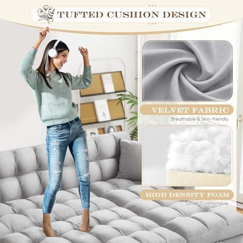 Convertible Sleeper Sofa Bed,82.6"W Velvet Tufted L Shaped Sectional Couch with Adjustable Back & Reversible Storage Chaise,Modern Futon Pull Out Couch Bed for Living Room,Apartment,Small Place(Grey)