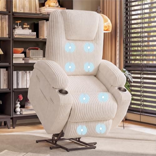 Flamaker Power Lift Recliner Chair PU Leather with Massage for Elderly Ergonomic Lounge Chair Classic Single Sofa with 2 Cup Holders Side Pockets Home Theater Seat (Leather, Light Black)