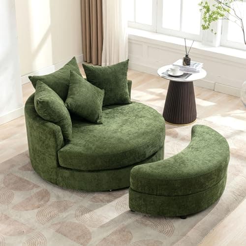 Merax 360° Swivel Barrel Chair with Half Moon Storage Ottoman, Living Room Accent Chairs, Cream