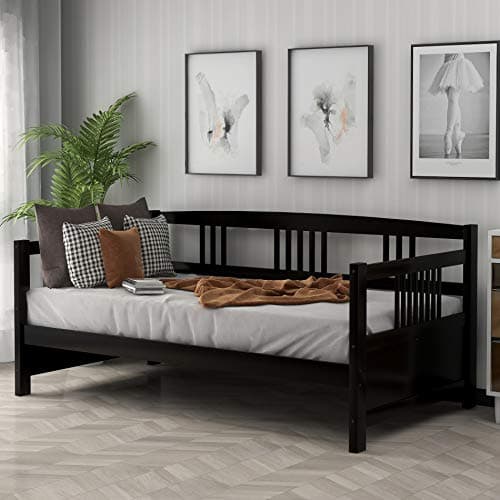 Merax Dark Espresso Twin Daybed with Rails and Wooden Slats