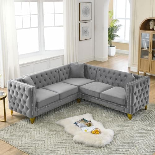 Oversized Velvet L Shaped Chesterfield Sofa with Deep Seat Corner, Button Nailhead Detail, Grey Color