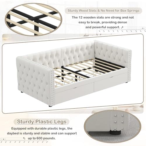 JEEOHEY Velvet Button Tufted Twin Daybed with Storage (Beige)